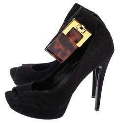 Pre Owned Loriblu Black Suede And Tortoise Patent Ankle Strap Turnlock Peep Toe Pumps Size 39