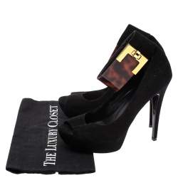Pre Owned Loriblu Black Suede And Tortoise Patent Ankle Strap Turnlock Peep Toe Pumps Size 39