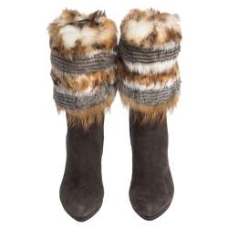 Pre Owned Loriblu Brown Suede And Multicolor Foldover Fur Pointed Toe Mid Calf Boots Size 38.5