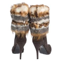 Pre Owned Loriblu Brown Suede And Multicolor Foldover Fur Pointed Toe Mid Calf Boots Size 38.5