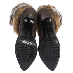 Pre Owned Loriblu Brown Suede And Multicolor Foldover Fur Pointed Toe Mid Calf Boots Size 38.5