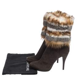 Pre Owned Loriblu Brown Suede And Multicolor Foldover Fur Pointed Toe Mid Calf Boots Size 38.5