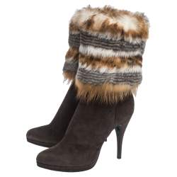 Pre Owned Loriblu Brown Suede And Multicolor Foldover Fur Pointed Toe Mid Calf Boots Size 38.5