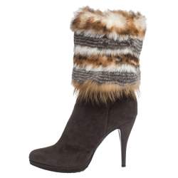 Pre Owned Loriblu Brown Suede And Multicolor Foldover Fur Pointed Toe Mid Calf Boots Size 38.5