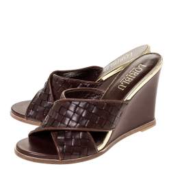 Loriblu Brown/Gold Woven Criss Cross Leather Wedge Sandals Size 38