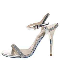 Loriblu Silver Leather And Glitter Ankle Strap Sandals Size 36