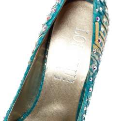 Loriblu Blue/Gold Python Embossed Leather Crystal Embellished Peep Toe Platform Pumps Size 36.5