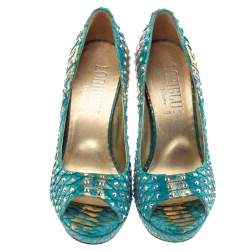 Loriblu Blue/Gold Python Embossed Leather Crystal Embellished Peep Toe Platform Pumps Size 36.5