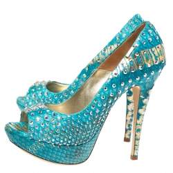 Loriblu Blue/Gold Python Embossed Leather Crystal Embellished Peep Toe Platform Pumps Size 36.5