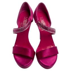 Loriblu Fuchsia Satin Crystal Embellished Open Toe Platform Sandals Size 38.5