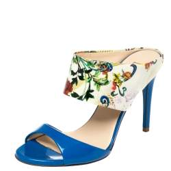 Loriblu Blue/White Floral Printed Patent Leather Slide Sandals Size 36