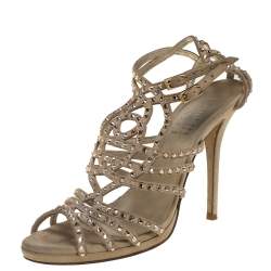Pre Owned Loriblu Beige Suede Crystal Embellished Strappy Sandals Size 41