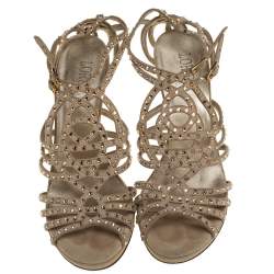 Pre Owned Loriblu Beige Suede Crystal Embellished Strappy Sandals Size 41