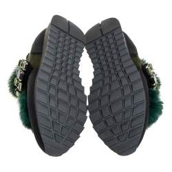Loriblu Green/Black Satin And Fur Crystal Embellished Sneakers Size 38