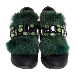 Loriblu Green/Black Satin And Fur Crystal Embellished Sneakers Size 38