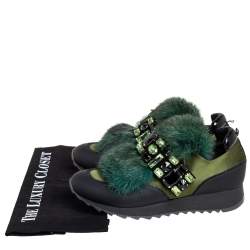 Loriblu Green/Black Satin And Fur Crystal Embellished Sneakers Size 38