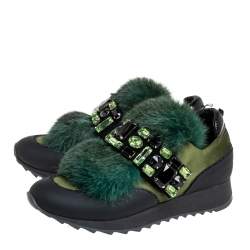 Loriblu Green/Black Satin And Fur Crystal Embellished Sneakers Size 38