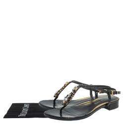 Loriblu Black Python Embossed Leather Crystal Embellished Flat Sandals Size 36