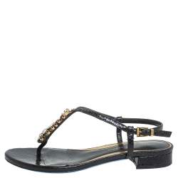 Loriblu Black Python Embossed Leather Crystal Embellished Flat Sandals Size 36