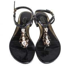 Loriblu Black Python Embossed Leather Crystal Embellished Flat Sandals Size 36