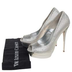 Loriblu Silver Satin Crystal Embellished Peep Toe Platform Pumps Size 38