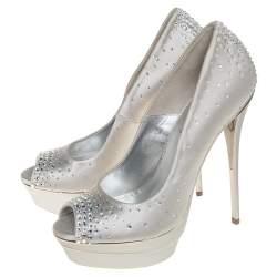 Loriblu Silver Satin Crystal Embellished Peep Toe Platform Pumps Size 38