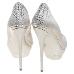 Loriblu Silver Satin Crystal Embellished Peep Toe Platform Pumps Size 38