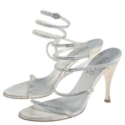 Loriblu Silver Leather Crystal Embellished Slingback Sandals Size 38