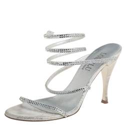 Loriblu Silver Leather Crystal Embellished Slingback Sandals Size 38
