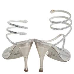 Loriblu Silver Leather Crystal Embellished Slingback Sandals Size 38