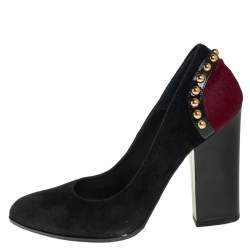 Pre Owned Loriblu Burgundy/Black Suede and Pony Hair Studded Block Heel Pumps Size 38