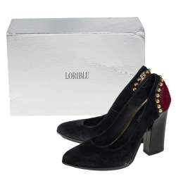 Pre Owned Loriblu Burgundy/Black Suede and Pony Hair Studded Block Heel Pumps Size 38