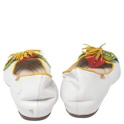 Pre Owned Loriblu White Leather Floral Embellished Ballet Flats Size 38
