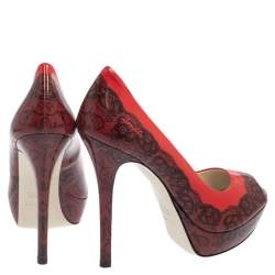 Loriblu Red/Black Print Leather Peep Toe Platform Pumps Size 38
