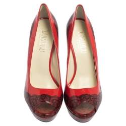 Loriblu Red/Black Print Leather Peep Toe Platform Pumps Size 38