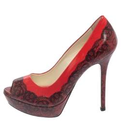 Loriblu Red/Black Print Leather Peep Toe Platform Pumps Size 38