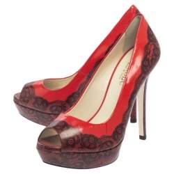Loriblu Red/Black Print Leather Peep Toe Platform Pumps Size 38
