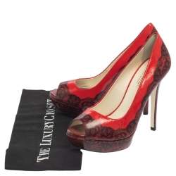Loriblu Red/Black Print Leather Peep Toe Platform Pumps Size 38