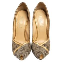 Loriblu Beige Canvas Monogram Peep Toe Pumps Size 38
