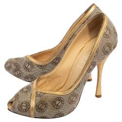 Loriblu Beige Canvas Monogram Peep Toe Pumps Size 38