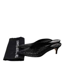 Pre Owned Loriblu Black Laser-Cut Suede Crystal Embellished Mules Size 40