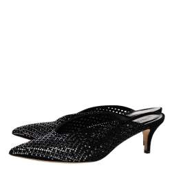 Pre Owned Loriblu Black Laser-Cut Suede Crystal Embellished Mules Size 40