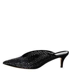 Pre Owned Loriblu Black Laser-Cut Suede Crystal Embellished Mules Size 40