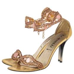 Loriblu Gold Tone Metal And Suede Embellished Ankle Cuff Sandals Size 39