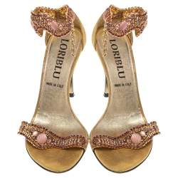 Loriblu Gold Tone Metal And Suede Embellished Ankle Cuff Sandals Size 39