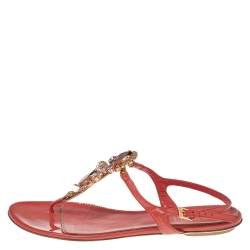 Loriblu Orange Patent Leather Crystal Embellished Ankle Strap Flat Sandals Size 40