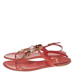 Loriblu Orange Patent Leather Crystal Embellished Ankle Strap Flat Sandals Size 40