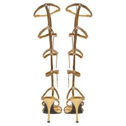 Loriblu Gold Tone Metal Crystal Embellished Strappy Gladiator Knee Length Sandals Size 39