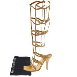 Loriblu Gold Tone Metal Crystal Embellished Strappy Gladiator Knee Length Sandals Size 39