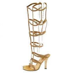Loriblu Gold Tone Metal Crystal Embellished Strappy Gladiator Knee Length Sandals Size 39